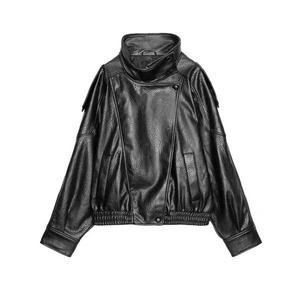 Veste de moto en cuir véritable pour femme, col montant, fermeture éclair, manches longues, noir uni, style motard, coupe-vent d'automne - Product Image 6