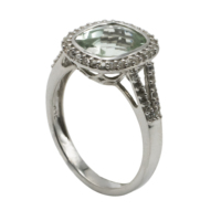 Bague en argent 925 de qualité supérieure avec finition rhodiée, améthyste verte de couleur coussin et halo de zirconiums étincelants