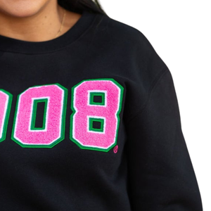 Custom <b>Black</b> Women's Embroidered Sweatshirt with 1908 Pink and Green Lettering Crew Neck <b>Long</b> Sleeve Casual Fashion <b>Top</b> - Product Image 2
