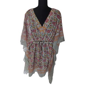 Robe Kaftan pour femmes en coton 100% - Imprimé à la main - KFCS190 - Légère - Vêtements décontractés pour femmes - Robes Kaftan courtes - Product Image 1