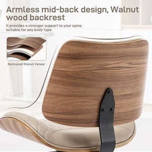Sedia da Ufficio Girevole Moderna in Noce con Schienale in Legno Curvato e Rivestimento in Pelle PU, Senza Braccioli, Altezza Regolabile, Schienale Medio per Scrivanie Piccole, Stile R - Product Image 6