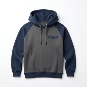 Sudadera con Capucha de Felpa de Algodón 420 GSM para Hombre, Color Block, Manga Raglán, Azul Marino y Gris, Ropa Deportiva Casual, Bordado Hunter Sports - Product Image 6