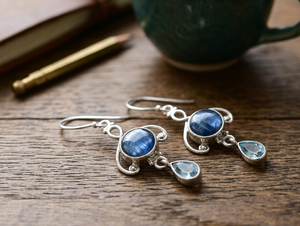 Pendientes Colgantes de Topacio Azul Cianita Natural, Plata de Ley 925, Chapados en Oro Rosa y Oro Amarillo, Joyería de Piedras Preciosas Hecha a Mano para Mujer - Product Image 3