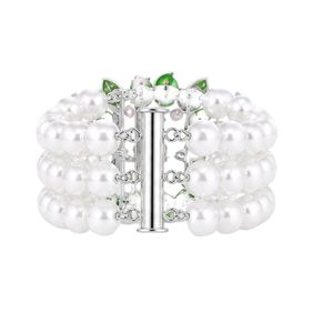 Pulsera de Perlas Blancas de 5 Hilos, Joyería de Moda para Mujer, Elegante Pulsera de Cuentas en Capas con Acento Verde, Accesorio Decorativo - Product Image 3