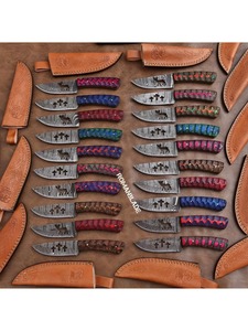 Cuchillo Bowie OEM personalizado de Damasco con punta caída, hoja fija hecha a mano, mango de madera coloreada, funda de cuero, 6 pulgadas, grado industrial - Product Image 6