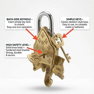 Lord Ganesha Brass <b>Padlock</b> Polished Love Lock with Keys Functional Anti-Theft and Waterproof Small <b>Padlock</b> Patina Antique Finish - Product Image 4
