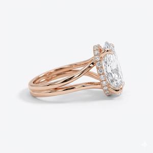 Anillo de compromiso clásico con diamante ovalado de laboratorio de 5 quilates, color DEF, claridad VS-VVS, halo oculto, banda dividida, oro macizo de 14K, banda ancha - Product Image 6