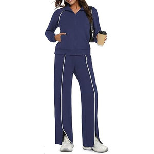 Conjunto de 2 piezas vintage 100% algodón transpirable, chándal informal con cremallera para otoño 2026, pantalones de pierna ancha para viaje - Product Image 3