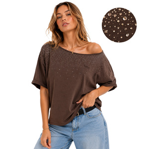 Oversized Bling T‑Shirt Custom <b>Rhinestone</b> Sparkly 100% Cotton women's shirt Off Shoulder Blouse Puff Embroidered Logo Knit <b>Top</b> - Product Image 2