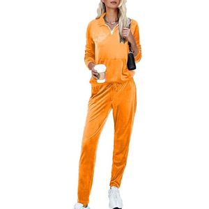 Ensemble de survêtement en velours orange pour filles IRON MARK INDUSTRIES, avec fermeture éclair quart de tour, manches courtes, pantalon décontracté avec poches latérales, vêtements d'hiver, couleur unie - Product Image 4