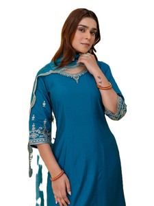 Women's Blue Silk Embroidered Salwar Kameez Set With Floral Dupatta Traditional Indian Pakistani Dress <b>Ankle</b>-Length Regular Fit - Product Image 3