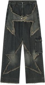 Men's Distressed denim Jeans Plus Size Loose Fit High Waist Wide Leg <b>Patch</b> Pockets <b>Punk</b> Style Denim Pants - Product Image 3