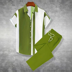 Conjunto de Camisa de Manga Corta con Bloques de Color para Hombre, Pantalones a Rayas Blancos y Azules, Traje de Dos Piezas Informal de Verano - Product Image 6