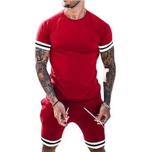Ensemble 2 pièces pour homme, couleur rouge unie, été, nouveau, respirant, t-shirt à manches courtes, short, décontracté, sport, streetwear, coton, élasthanne - Product Image 1