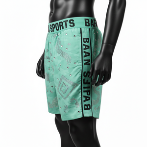 Short de bain homme 140 GSM, polyester et élasthanne à séchage rapide, menthe, avec logo personnalisé en transfert thermique et strass. - Product Image 3