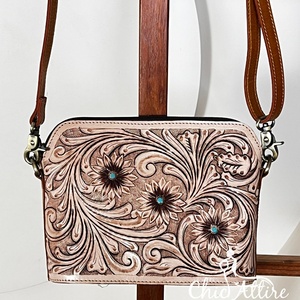 2026 Western Style Hand Tooled Leather Handbag Floral Design With Turquoise Accent Crossbody Bags for Women Shoulder Purse Bags - Product Image 1
