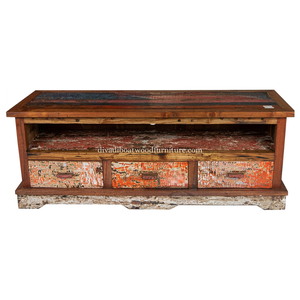 Sustainable Reclaimed Boat Wood TV Cabinet 3 Drawer Classic Style Solid Wood Rustic Recycled Timber For Stand TV - Product Image 1