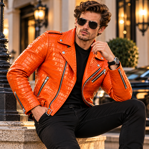 Premium Mens Orange for Pattern Leather Motorcycle Biker Jacket Breathable Winter <b>Belted</b> <b>Slim</b> Fit Zipper Closure - Product Image 5