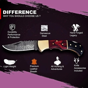 Couteau de poche pliant artisanal en acier Damas, couteau utilitaire pour le camping en plein air, manche en bois, étui en cuir, logo personnalisé OEM/ODM - Product Image 5