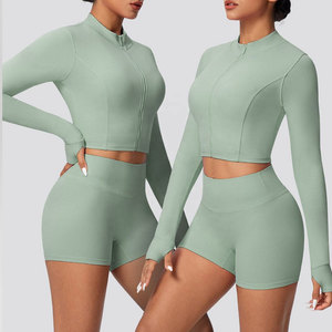 Ensemble de sport femme effet seconde peau couleur unie avec veste zippée à manches longues et short de yoga pour l'extérieur et la gym - Product Image 1