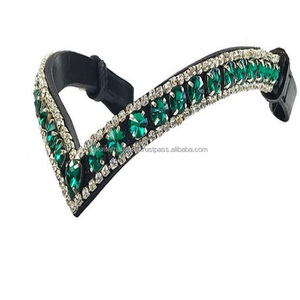 Bande élégante sourcils de cheval en cuir noir avec 3 rangées de pierres, grands cristaux argentés et verts, nouvelle collection - Product Image 3