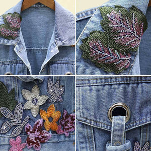 Veste en jean brodée florale pour femme, coupe courte, bleue, à manches longues, boutonnée, style décontracté vintage, haut tendance - Product Image 6