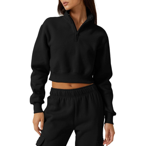 Nueva Llegada: Sudadera Corta Negra de Mujer con Media Cremallera, Cuello Alto, Manga Larga, Tejido Sólido, Transpirable, Ajuste Regular, Ideal para Otoño - Product Image 1