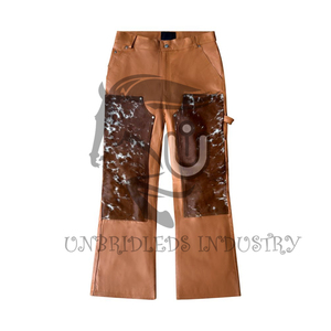 Pantalon en cuir de vachette à double genouillère, couleur beige et blanc - Product Image 2