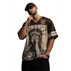 เสื้อเจอร์ซีย์ตาข่ายปักคริสตัลสั่งทำขายส่ง เสื้อผ้าสตรีทแวร์ผู้ชายไซส์ใหญ่ พิมพ์ลายแบบซับลิเมชั่น คอวี เสื้อกีฬา เสื้ออเมริกันฟุตบอล - Product Image 4