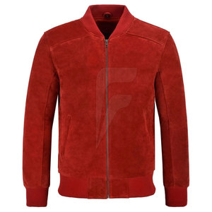 Men's <b>Red</b> Genuine Leather Bomber <b>Jacket</b> Stand Collar Zipper Closure <b>Waterproof</b> Breathable Casual Regular Fit Winter Wear - Product Image 1
