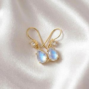 Natural <b>Rainbow</b> Moonstone and CZ <b>Drop</b> Earrings with Pear Faceted Gemstone Dangle Design in 925 Sterling Silver or Gold Filled - Product Image 5