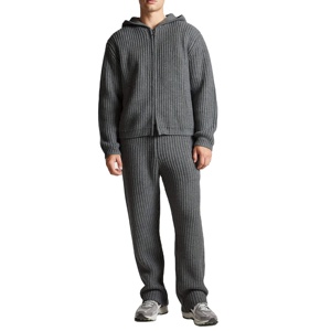 Chándales de tela personalizada de peso pesado para hombre a precio barato, ropa de calle, Sudadera con capucha y pantalón acampanado con doble cremallera para invierno - Product Image 1