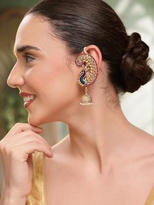 Luxury Gold Plated Certified Kundan <b>Ear</b> <b>Cuff</b> Jhumka <b>Earrings</b> Women Indian Bridal Wedding Jewelry Peacock Pearl Drop Style Ethnic - Product Image 5