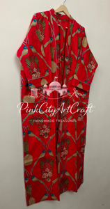 Bata Kimono de Algodón Roja con Estampado Digital de Piña y Pájaros, Manga Larga, Túnica de Verano, Kaftán Indio, Ropa de Estar para Damas de Honor - Product Image 6
