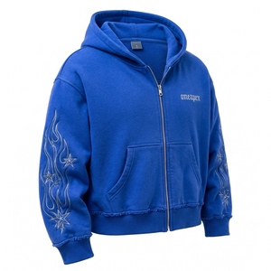 Sudadera con capucha azul real para hombre con cremallera, gráfico de estrella de fuego personalizado, mangas bordadas, estilo oversize, ropa urbana, venta al por mayor, fabricante - Product Image 2
