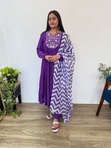 <b>women</b> purple v neck embroidered silk ethnic a line <b>kurti</b> with zigzag print scarf stylish party wear traditional outfit - Product Image 3