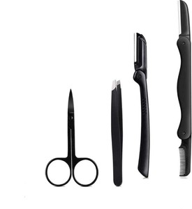 Kit de rasage des sourcils incurvé 4-en-1 pour femmes et hommes, en acier inoxydable noir avec rasoir pliable, pince de précision, écologique - Product Image 1