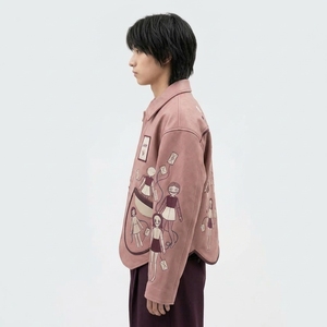 Dusty <b>Pink</b> Cute Doll Envelope Embroidery Lapel Collar Mens Casual Canvas <b>Jacket</b> Scalloped Hem Workwear Outerwear - Product Image 4