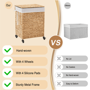 Panier à linge à 2 sections de 100 L avec couvercle et roulettes, en jacinthe d'eau naturelle tressée - Product Image 2