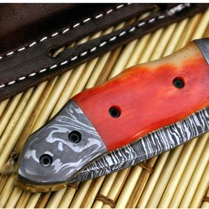 Couteau de chasse en acier Damas, lame à pointe tombante, manche rouge, étui en cuir, couteau de camping en plein air - Product Image 2
