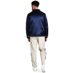 High Quality Wholesale Custom Satin Bomber Jacket Colored <b>Strips</b> Sports Varsity Jacket Men Satin <b>Fabric</b> Letterman Jacket - Product Image 3