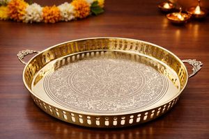 Handmade Embossed Pure Brass Puja Thali with Handle 12 Inch Round Pooja Plate Traditional Aarti Thali for Home Temple <b>Mandir</b> - Product Image 5