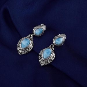 Ensemble de 4 bijoux en pierre de larimar en forme de larme : bague, pendentif, boucles d'oreilles, bracelet, bijoux en pierres précieuses naturelles en argent sterling 925 - Product Image 3