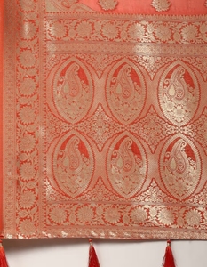 Sari en soie mélangée tissée à pompons orange pour femme KV avec chemisier non cousu - Product Image 6