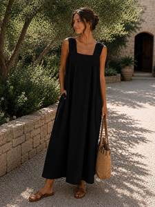 Vestido largo negro sin mangas para mujer, vestido holgado de verano - Product Image 1