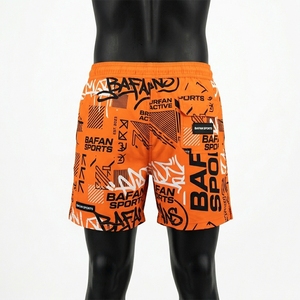 กางเกงว่ายน้ำผู้ชายพรีเมียม 130 GSM แห้งเร็ว ผลิตจากโพลีเอสเตอร์ สีส้มสดใส พิมพ์ลายแบบ Sublimation ทั้งตัว พร้อมโลโก้สั่งทำพิเศษ สำหรับใส่ไปชายหาด - Product Image 5