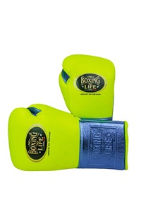 Guantes de Entrenamiento No Boxing No Life, Color Amarillo Neón/Azul Metálico, Cuero Vacuno Auténtico, con Cordones, para Competencia de Kickboxing - Product Image 3