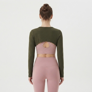 Women Pink Olive Green Yoga Set Sports Bra <b>Bolero</b> <b>Jacket</b> High Waist Leggings Gym Fitness Workout Activewear Set - Product Image 4