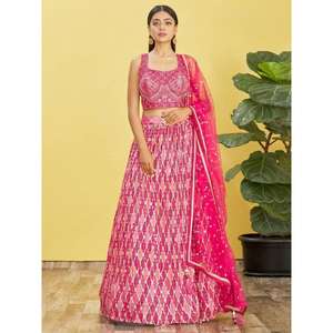 Adorable travail brodé rose Chinon mariage Lehenga Choli - Product Image 1
