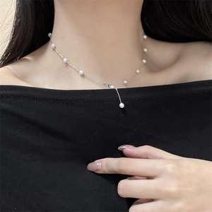 Collier en perles d'eau douce naturelles de 4-5 mm pour femmes, style simple, chaîne bébé, pendentif carré, petit bijou en perles - Product Image 4